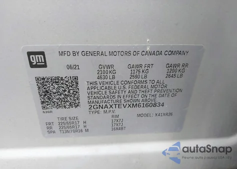 2021 Chevrolet Equinox Awd 2Fl from USA, damaged, VIN 2GNAXTEVXM6160834